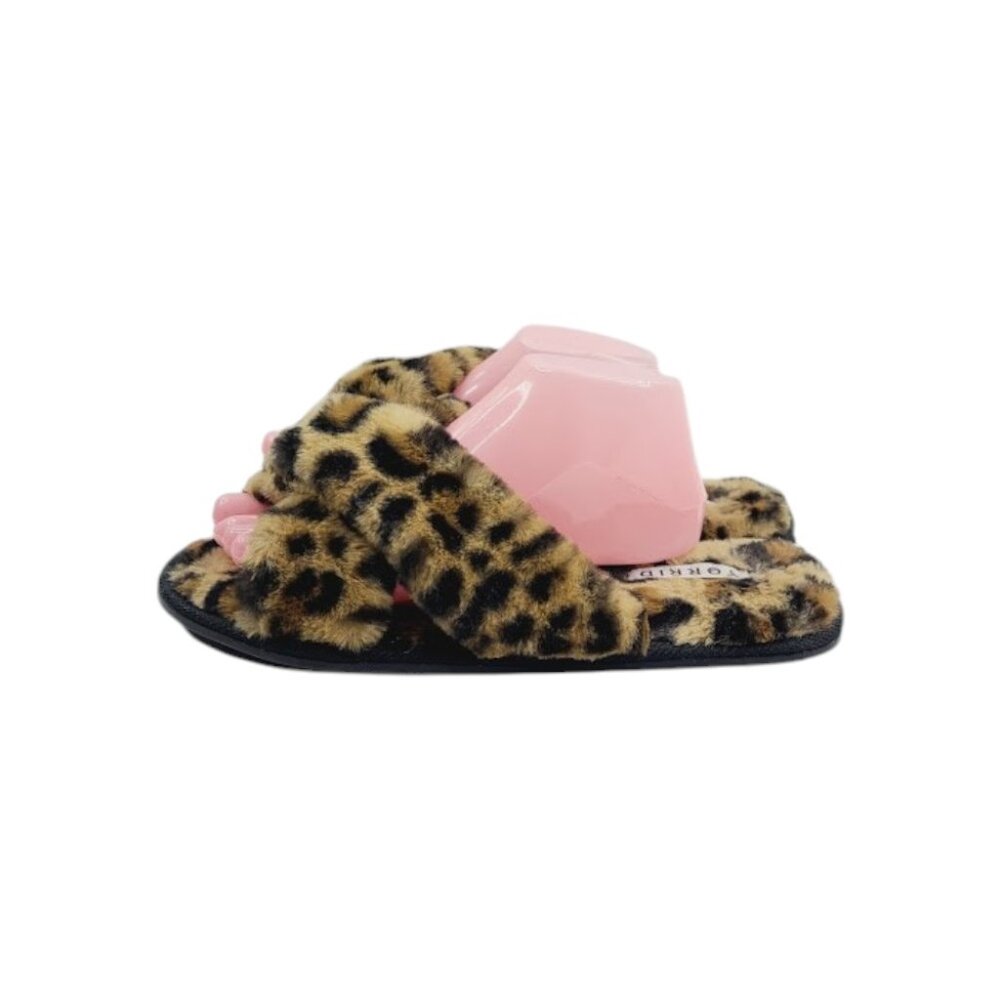 Torrid Women's Tan Black‎ Leopard Print Cross Strap Fur Casual Slipper Size 11W